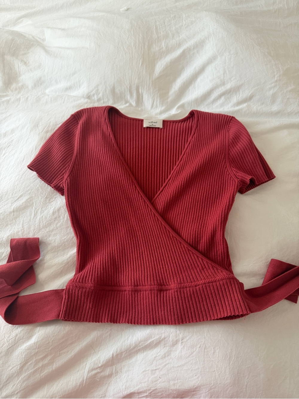 Aritzia Wilfred Pink Ribbed Wrap Tie-Front Top Stretch Short Sleeve Womens Med - Picture 5 of 7